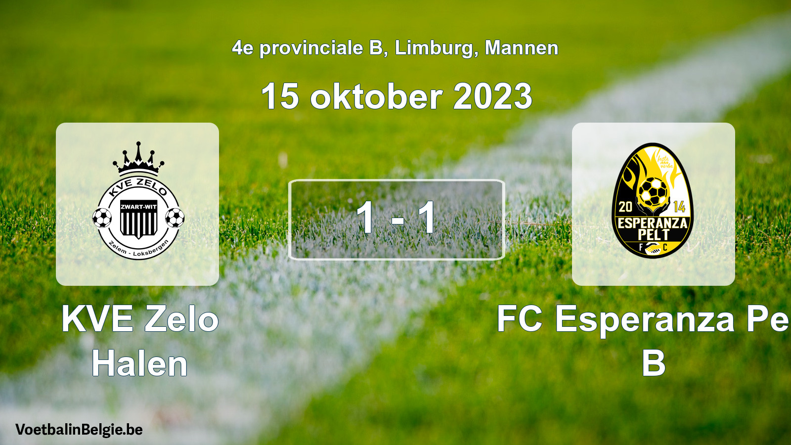 Gespeelde wedstrijd mannenvoetbal: KVE Zelo Halen - FC Esperanza Pelt B 1 - 1 (15 oktober 2023)