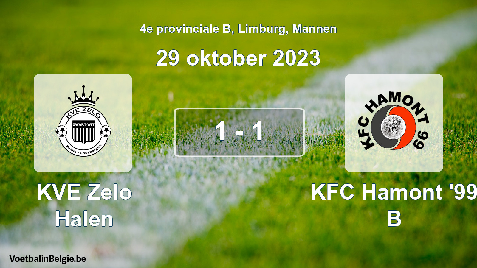 Gespeelde wedstrijd mannenvoetbal: KVE Zelo Halen - KFC Hamont '99 B 1 - 1 (29 oktober 2023)
