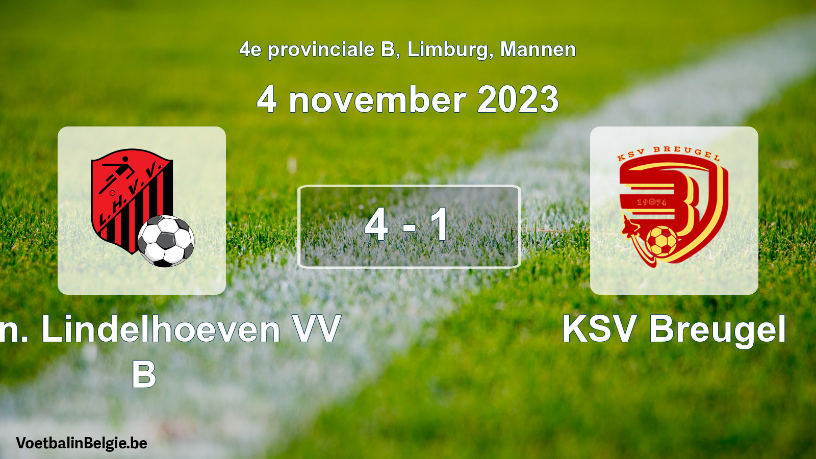 Gespeelde wedstrijd mannenvoetbal: Kon. Lindelhoeven VV B - KSV Breugel 4 - 1 (4 november 2023)