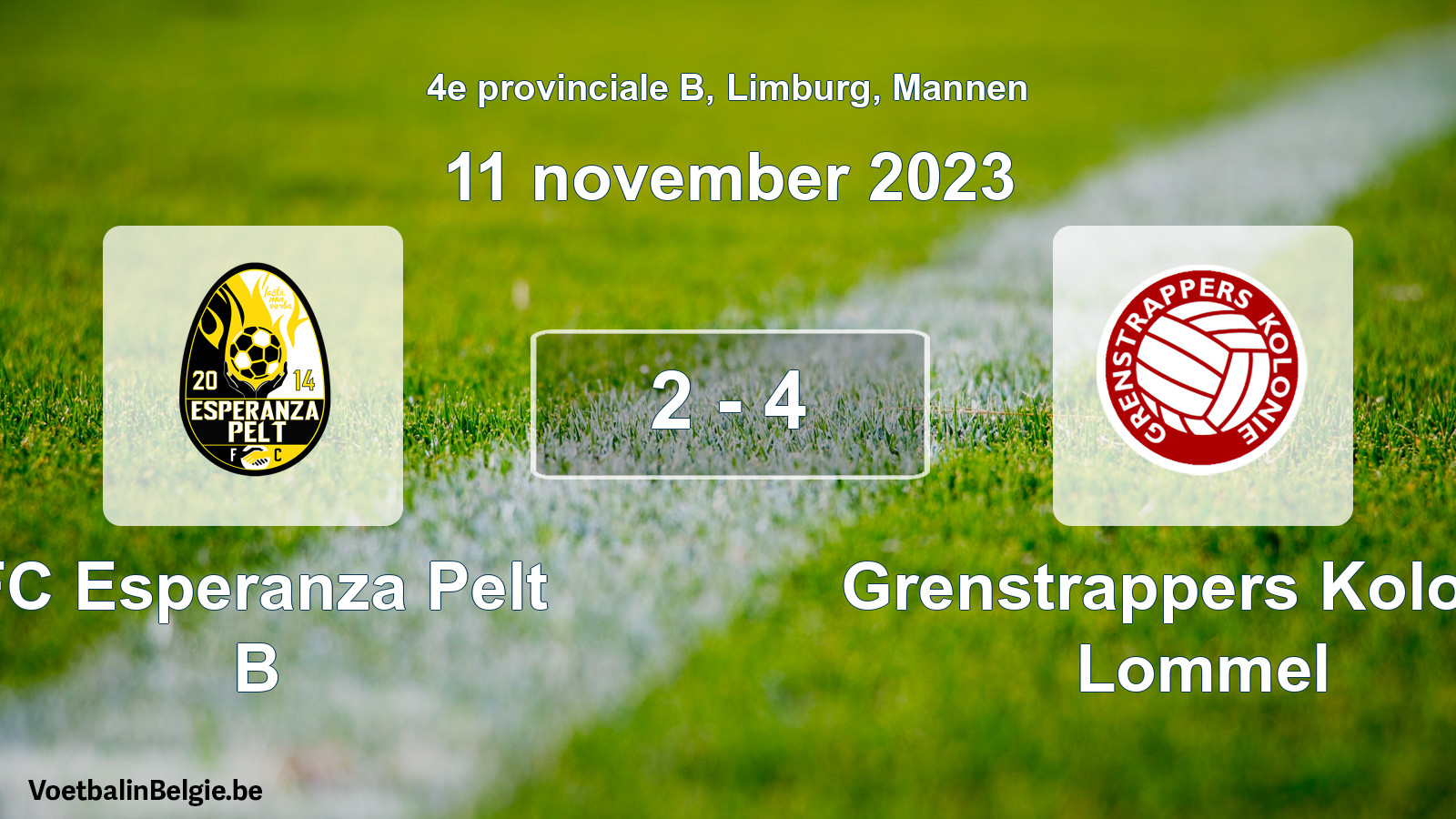 Gespeelde wedstrijd mannenvoetbal: FC Esperanza Pelt B - Grenstrappers Kolonie Lommel 2 - 4 (11 november 2023)