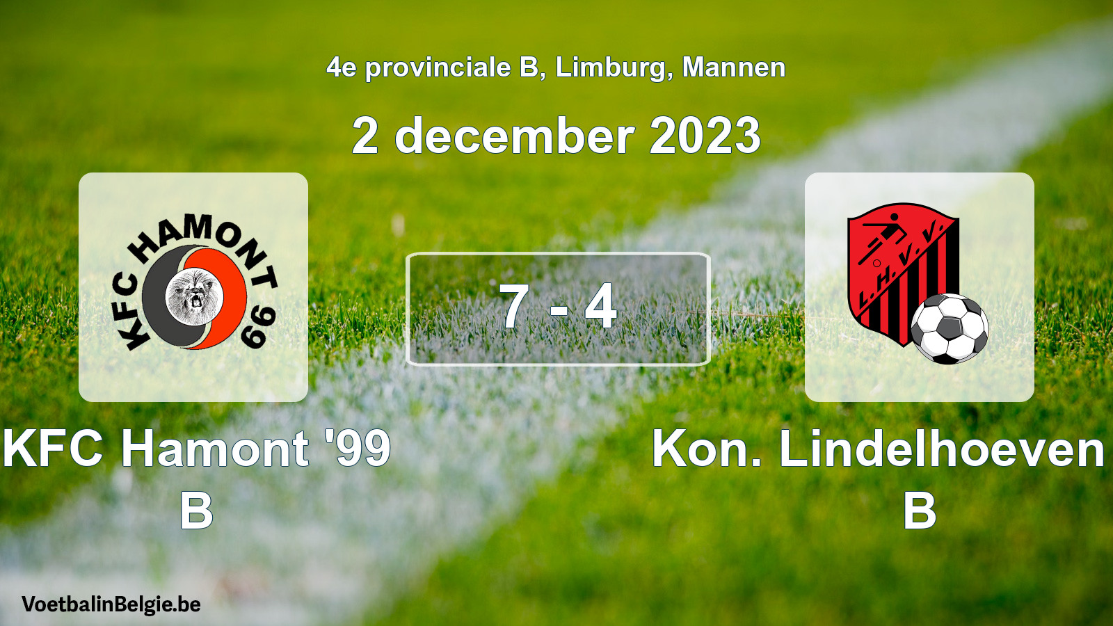 Gespeelde wedstrijd mannenvoetbal: KFC Hamont '99 B - Kon. Lindelhoeven VV B 7 - 4 (2 december 2023)