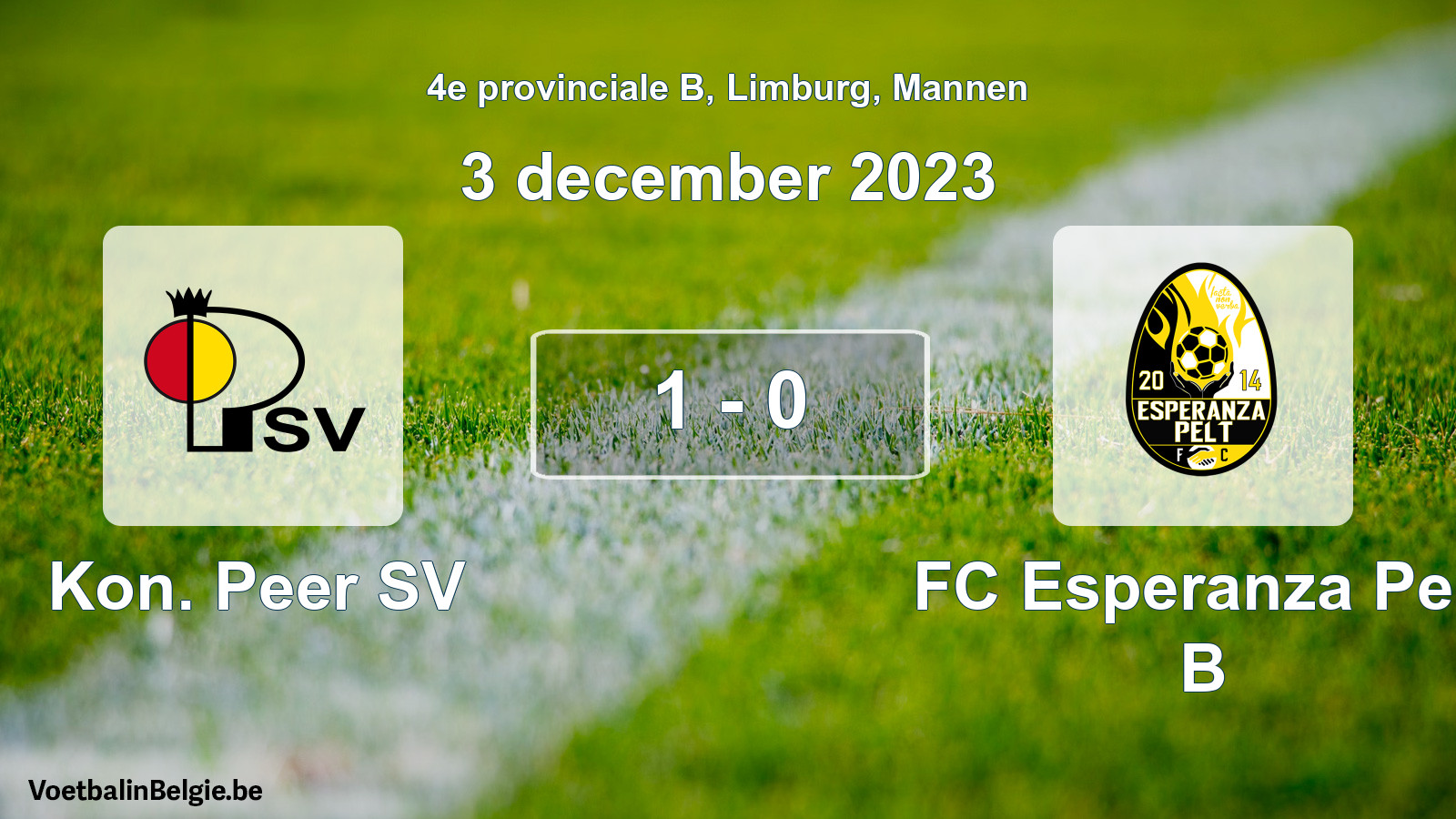 Gespeelde wedstrijd mannenvoetbal: Kon. Peer SV - FC Esperanza Pelt B 1 - 0 (3 december 2023)