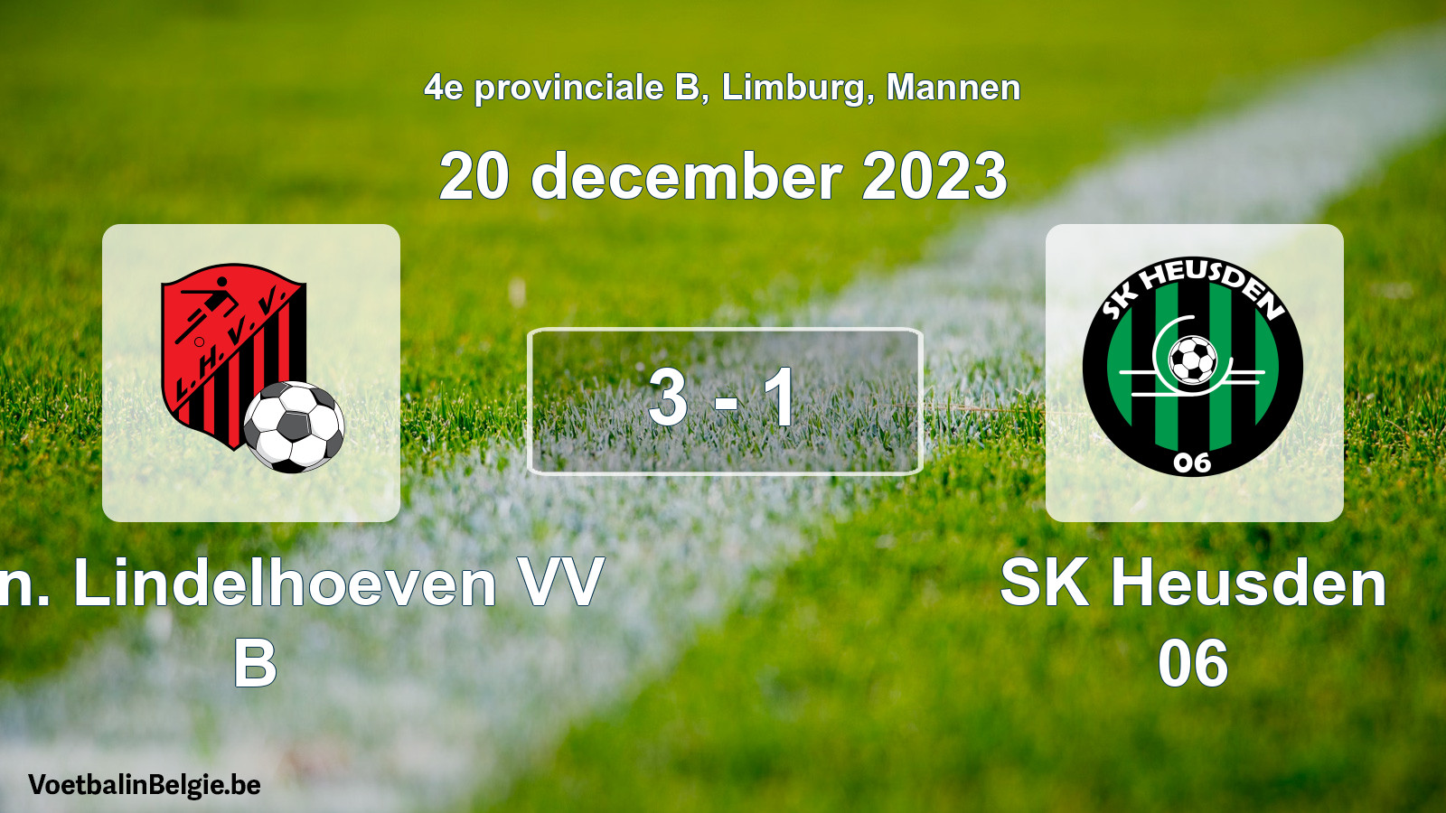 Gespeelde wedstrijd mannenvoetbal: Kon. Lindelhoeven VV B - SK Heusden 06 3 - 1 (20 december 2023)