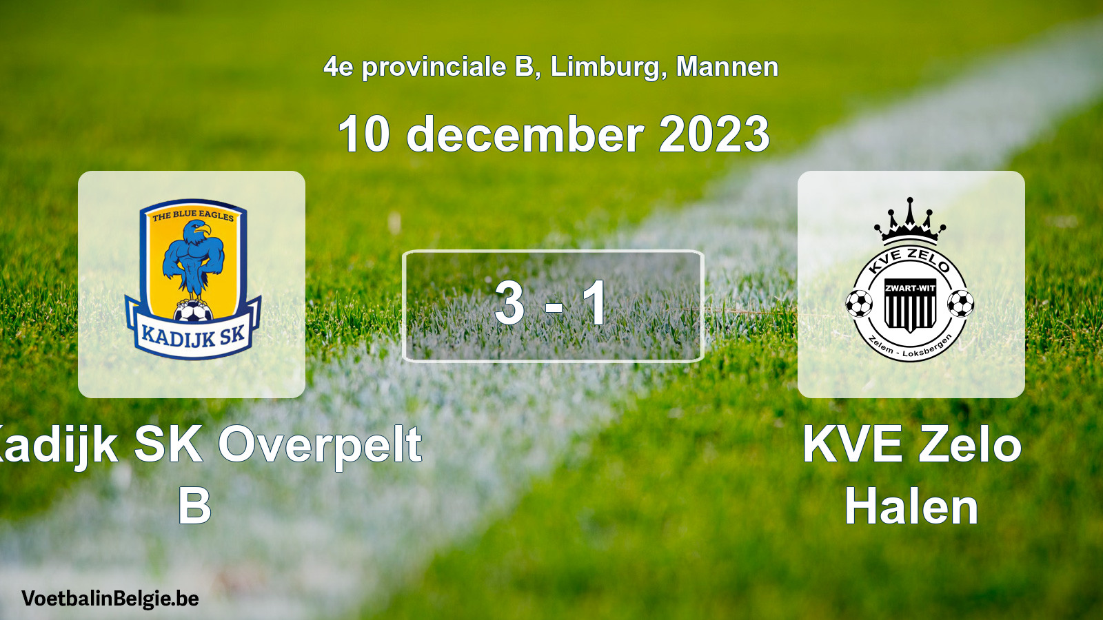 Gespeelde wedstrijd mannenvoetbal: Kadijk SK Overpelt B - KVE Zelo Halen 3 - 1 (10 december 2023)