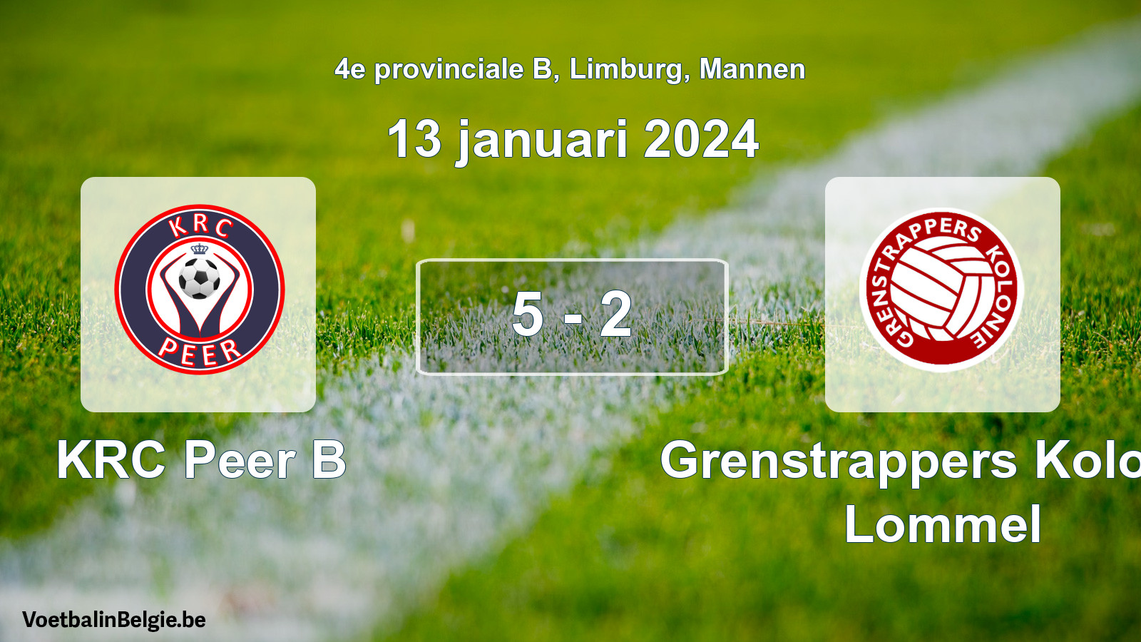 Gespeelde wedstrijd mannenvoetbal: KRC Peer B - Grenstrappers Kolonie Lommel 5 - 2 (13 januari 2024)