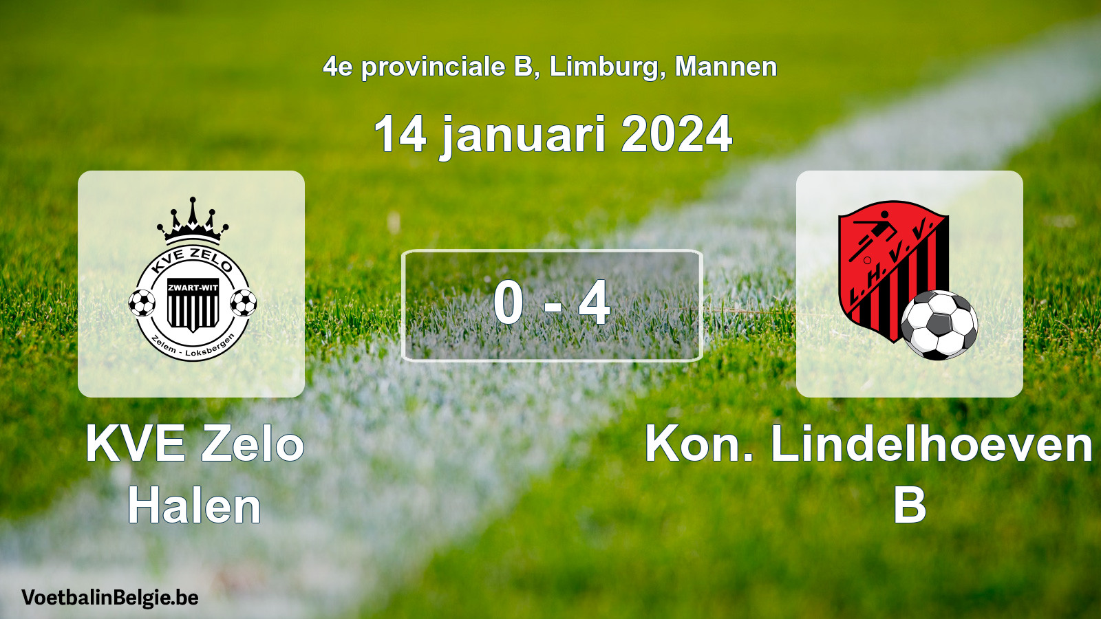 Gespeelde wedstrijd mannenvoetbal: KVE Zelo Halen - Kon. Lindelhoeven VV B 0 - 4 (14 januari 2024)