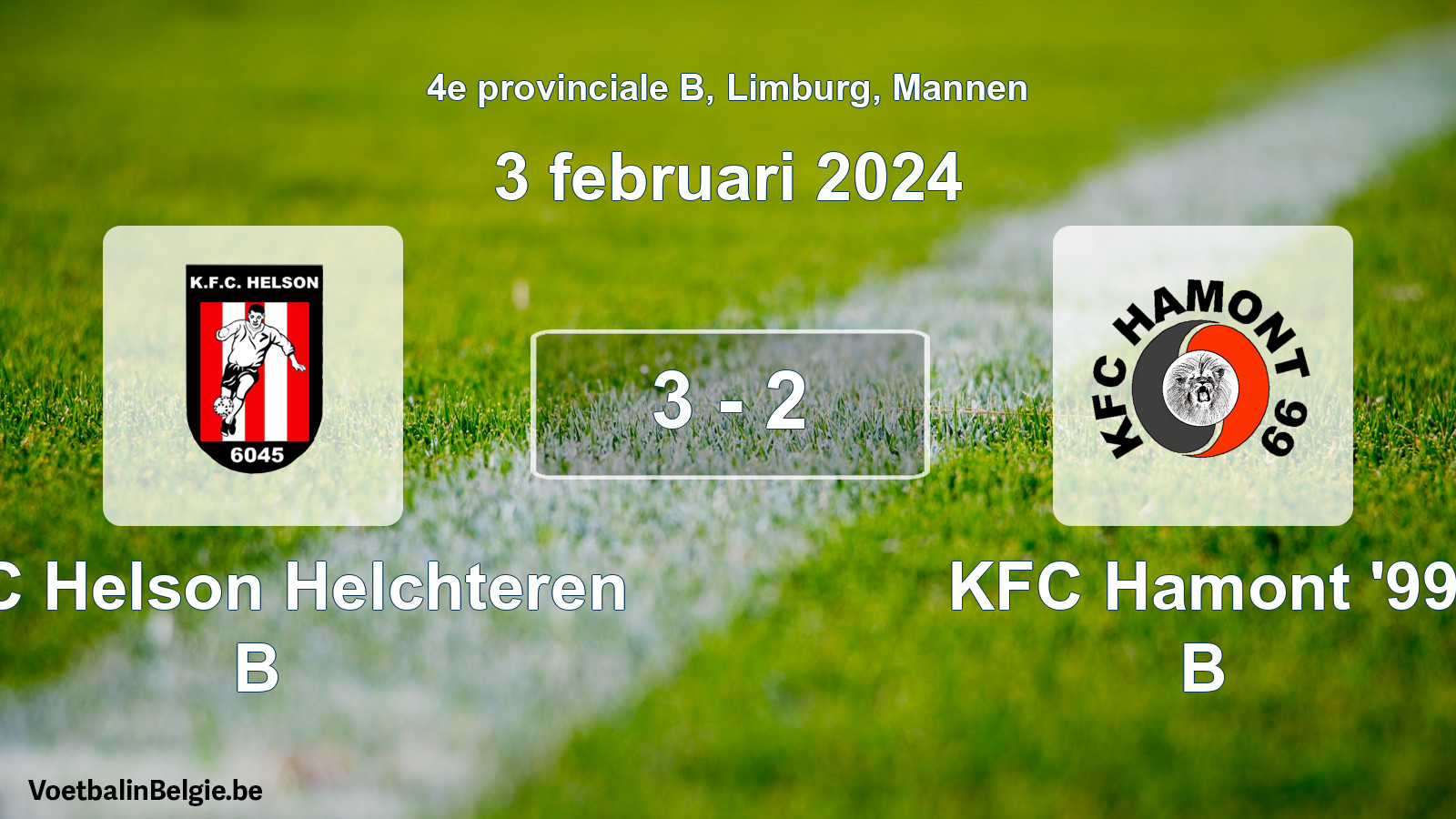 Gespeelde wedstrijd mannenvoetbal: KFC Helson Helchteren B - KFC Hamont '99 B 3 - 2 (3 februari 2024)