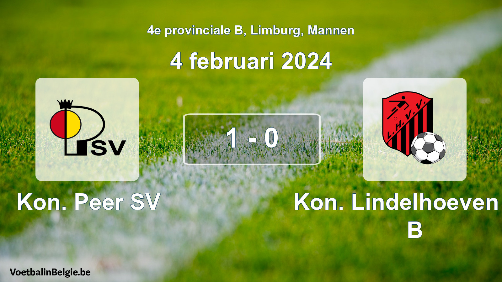 Gespeelde wedstrijd mannenvoetbal: Kon. Peer SV - Kon. Lindelhoeven VV B 1 - 0 (4 februari 2024)
