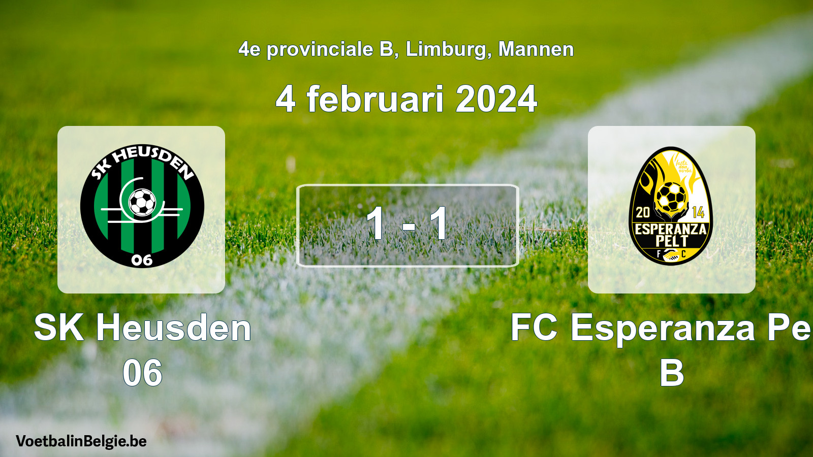 Gespeelde wedstrijd mannenvoetbal: SK Heusden 06 - FC Esperanza Pelt B 1 - 1 (4 februari 2024)