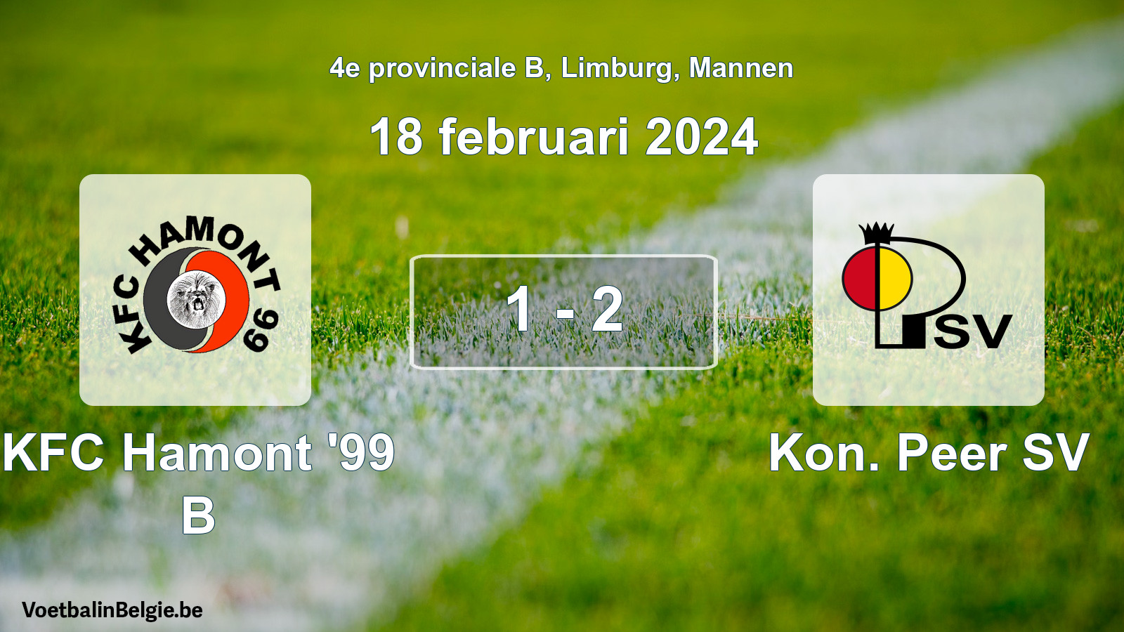 Gespeelde wedstrijd mannenvoetbal: KFC Hamont '99 B - Kon. Peer SV 1 - 2 (18 februari 2024)