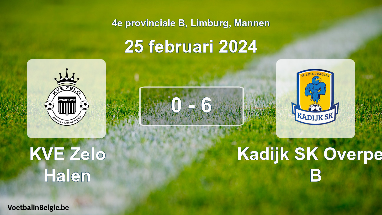 Gespeelde wedstrijd mannenvoetbal: KVE Zelo Halen - Kadijk SK Overpelt B 0 - 6 (25 februari 2024)