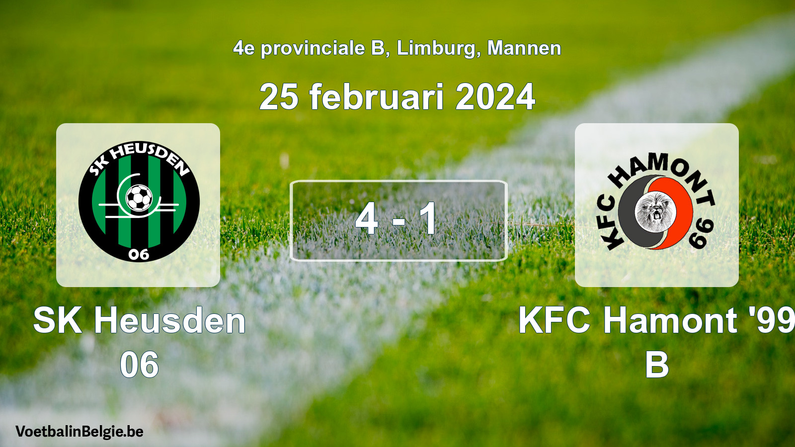 Gespeelde wedstrijd mannenvoetbal: SK Heusden 06 - KFC Hamont '99 B 4 - 1 (25 februari 2024)