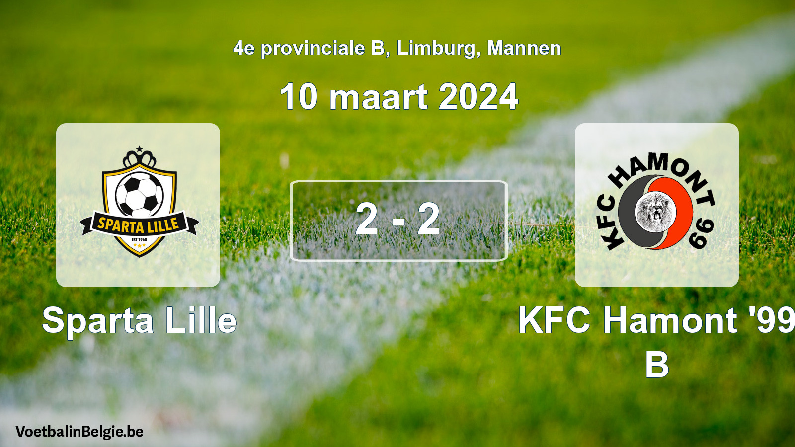 Gespeelde wedstrijd mannenvoetbal: Sparta Lille - KFC Hamont '99 B 2 - 2 (10 maart 2024)