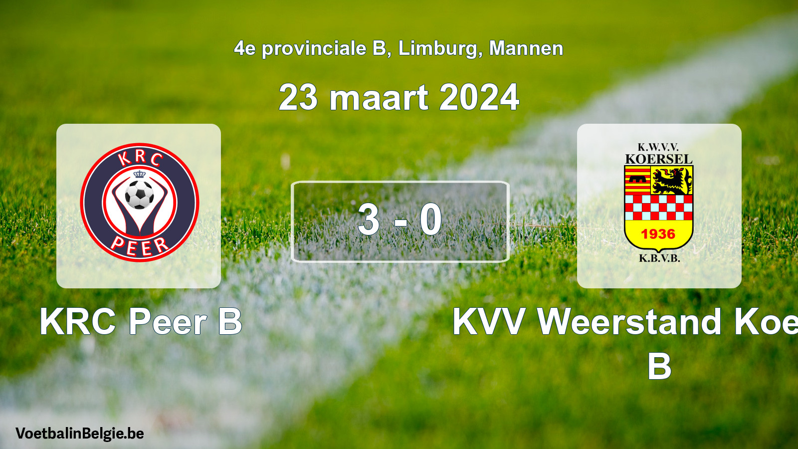 Gespeelde wedstrijd mannenvoetbal: KRC Peer B - KVV Weerstand Koersel B 3 - 0 (23 maart 2024)