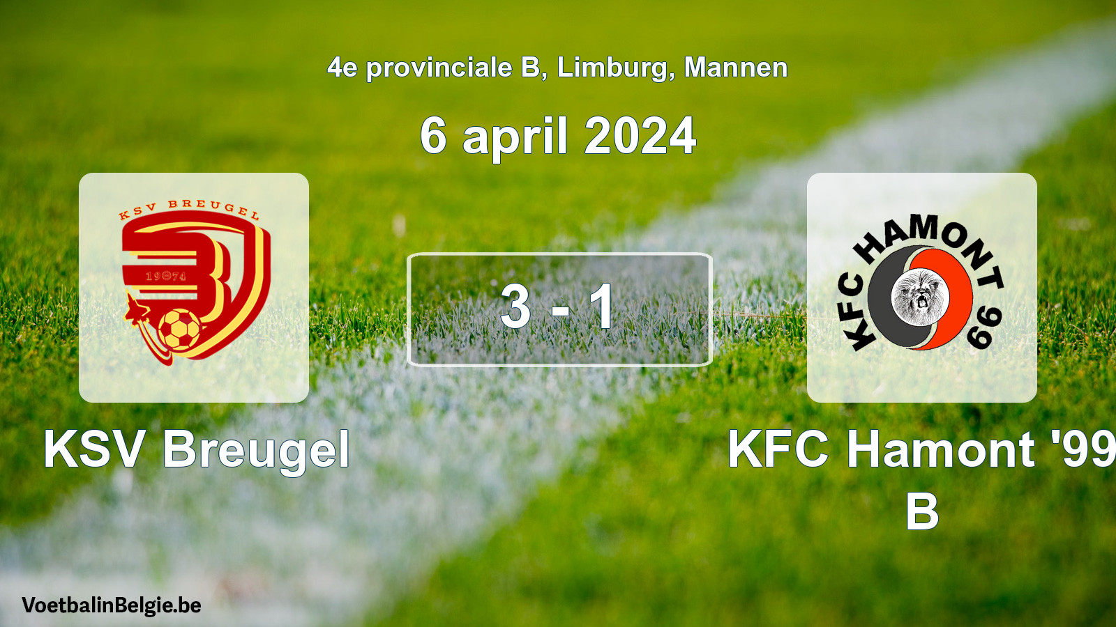 Gespeelde wedstrijd mannenvoetbal: KSV Breugel - KFC Hamont '99 B 3 - 1 (6 april 2024)