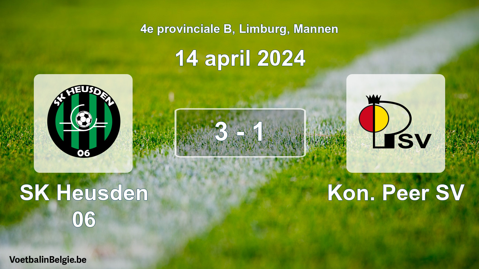 Gespeelde wedstrijd mannenvoetbal: SK Heusden 06 - Kon. Peer SV 3 - 1 (14 april 2024)