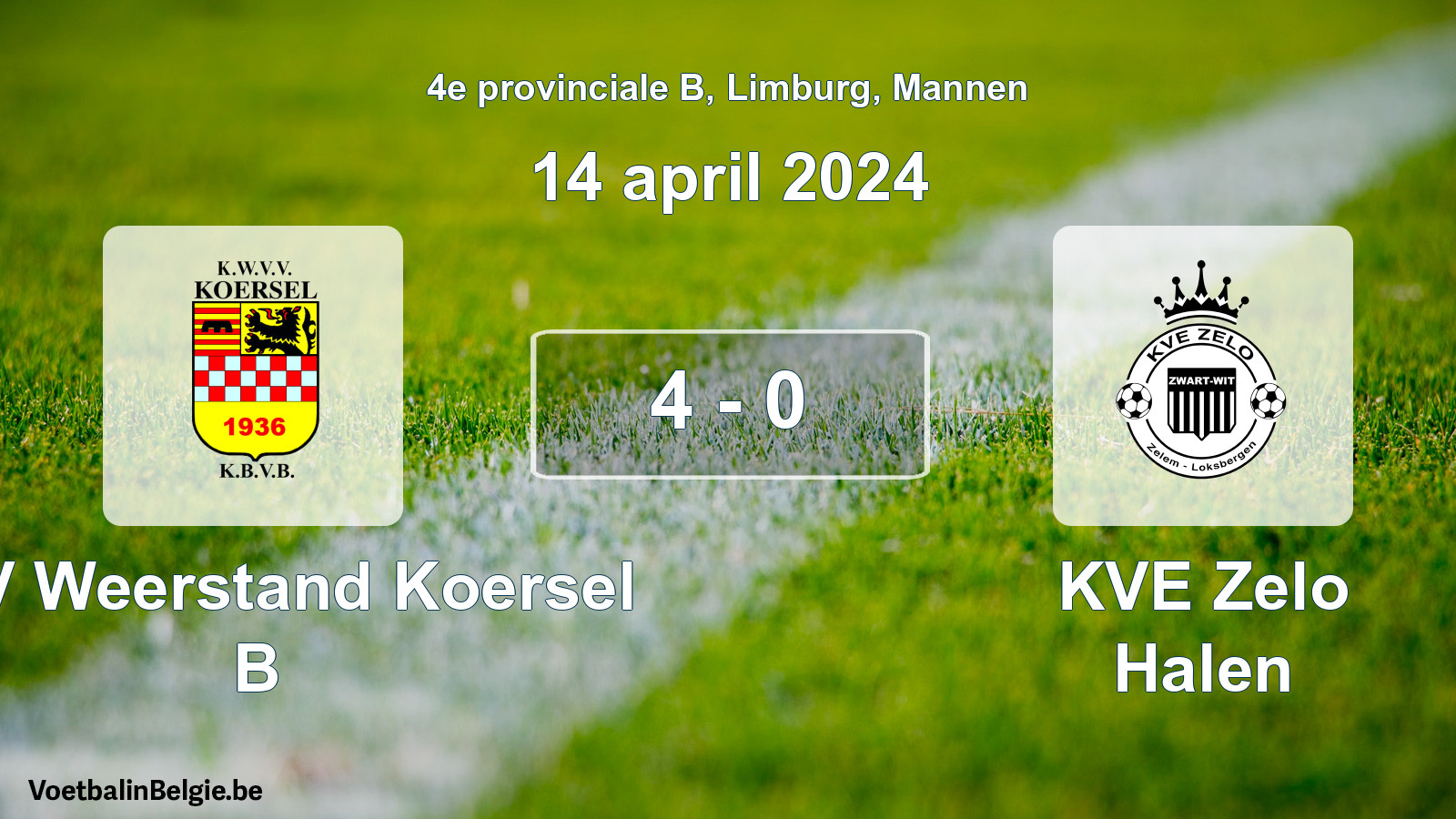 Gespeelde wedstrijd mannenvoetbal: KVV Weerstand Koersel B - KVE Zelo Halen 4 - 0 (14 april 2024)