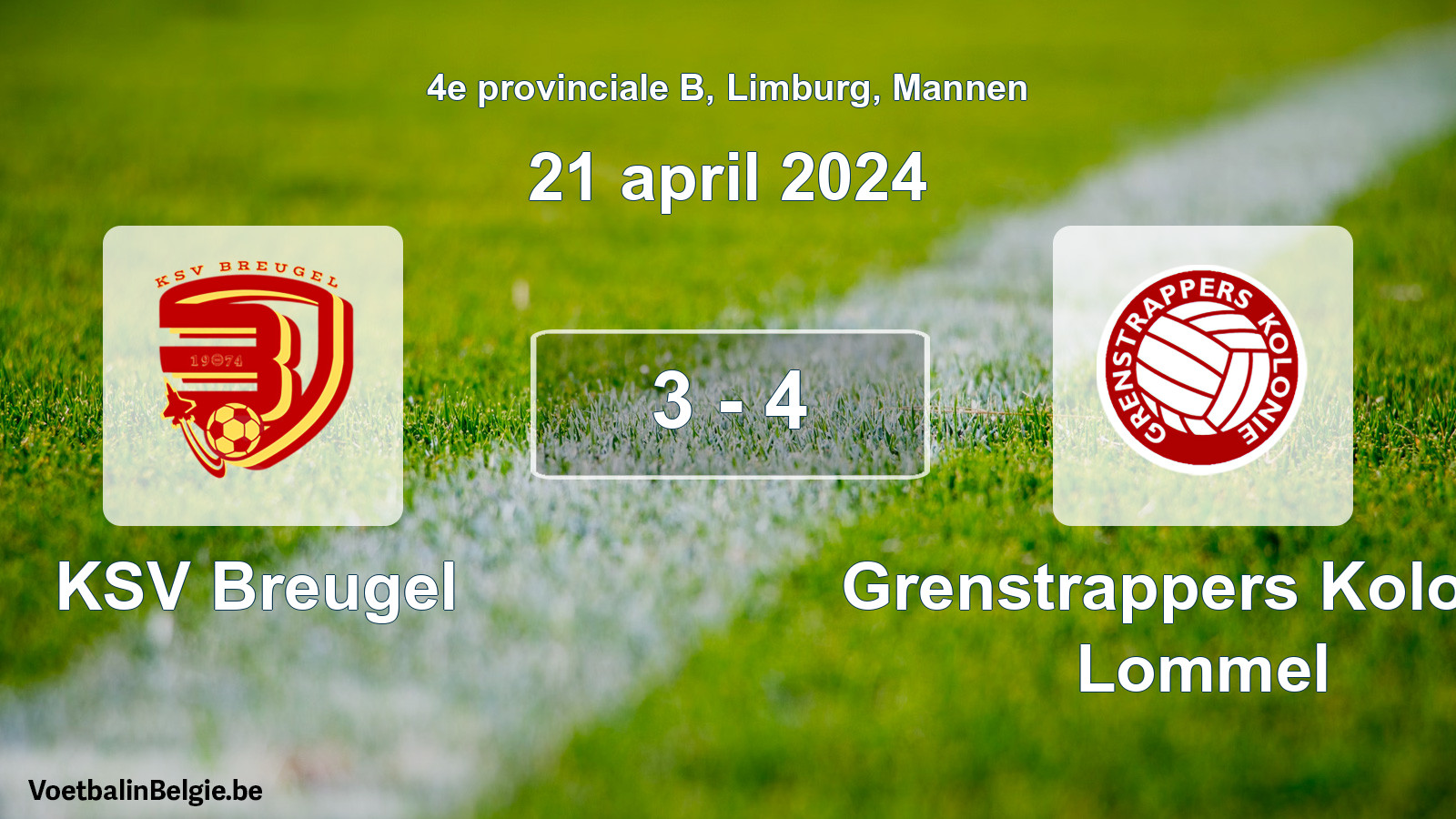 Gespeelde wedstrijd mannenvoetbal: KSV Breugel - Grenstrappers Kolonie Lommel 3 - 4 (21 april 2024)