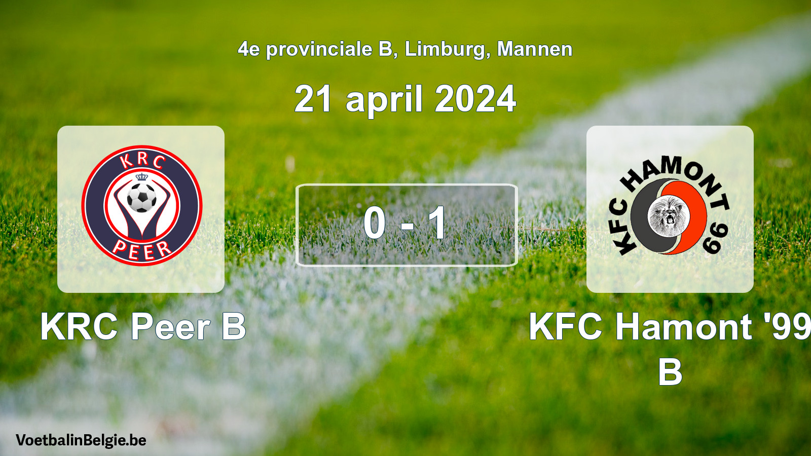 Gespeelde wedstrijd mannenvoetbal: KRC Peer B - KFC Hamont '99 B 0 - 1 (21 april 2024)