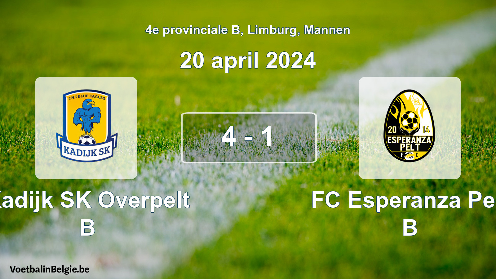 Gespeelde wedstrijd mannenvoetbal: Kadijk SK Overpelt B - FC Esperanza Pelt B 4 - 1 (20 april 2024)
