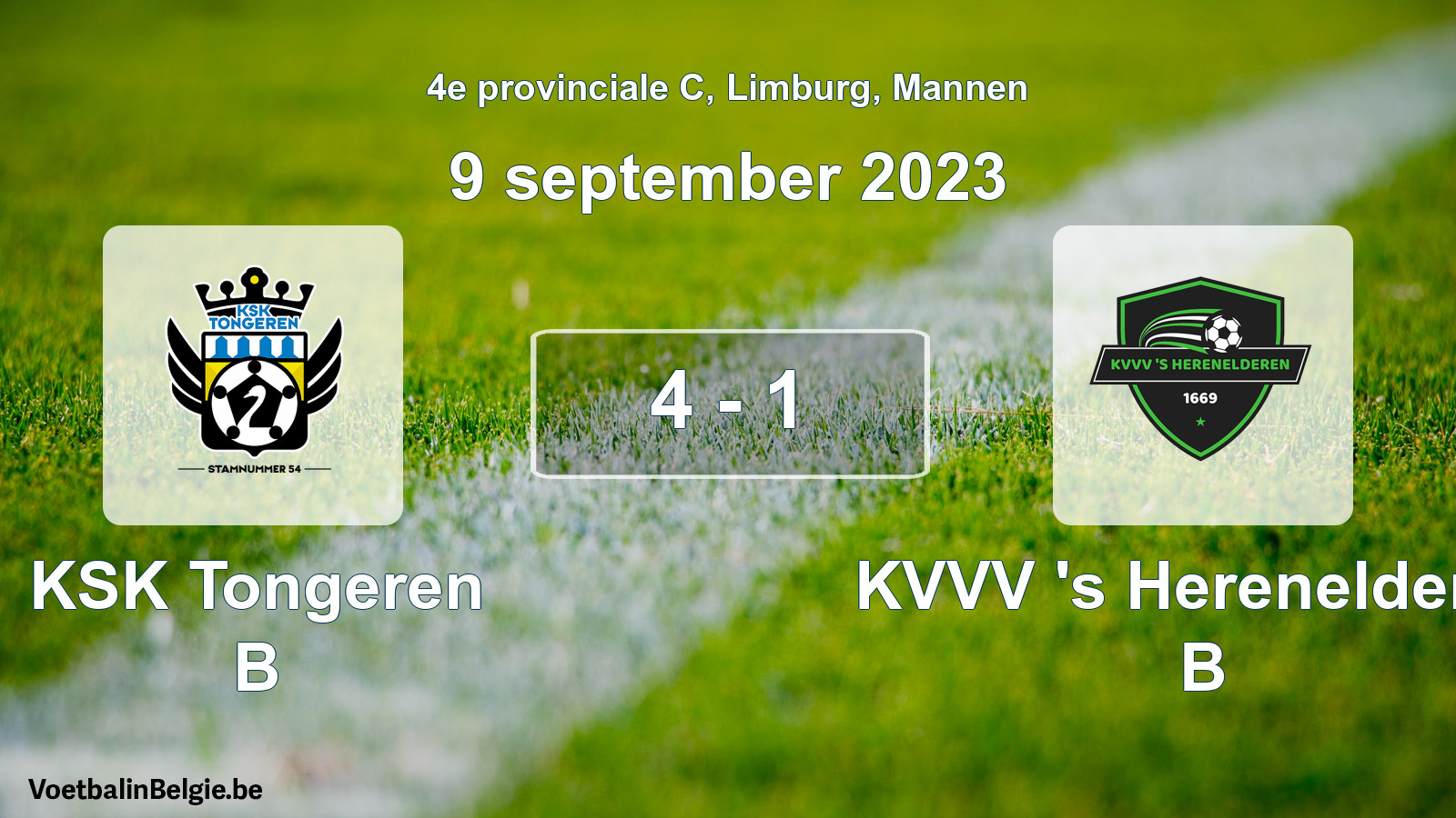 Gespeelde wedstrijd mannenvoetbal: KSK Tongeren B - KVVV 's Herenelderen B 4 - 1 (9 september 2023)