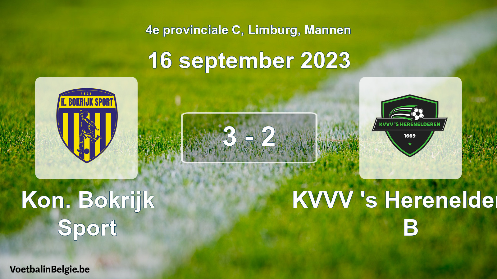 Gespeelde wedstrijd mannenvoetbal: Kon. Bokrijk Sport - KVVV 's Herenelderen B 3 - 2 (16 september 2023)