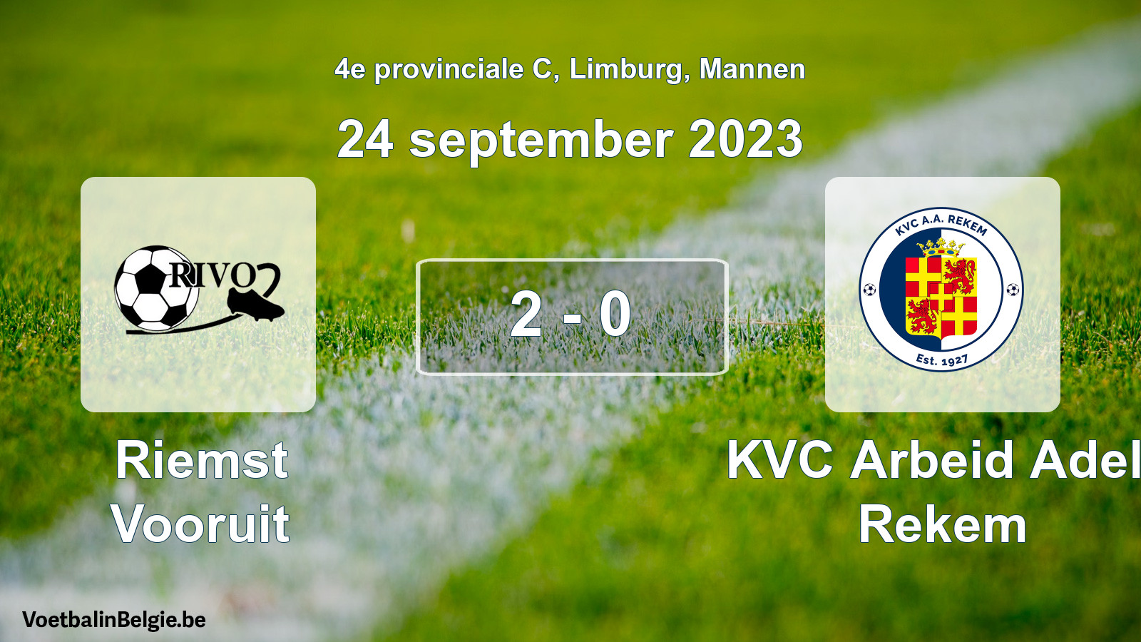 Gespeelde wedstrijd mannenvoetbal: Riemst Vooruit - KVC Arbeid Adelt Rekem 2 - 0 (24 september 2023)
