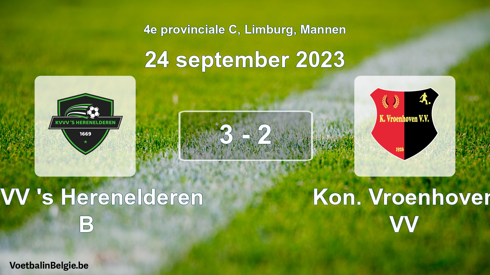 Gespeelde wedstrijd mannenvoetbal: KVVV 's Herenelderen B - Kon. Vroenhoven VV 3 - 2 (24 september 2023)