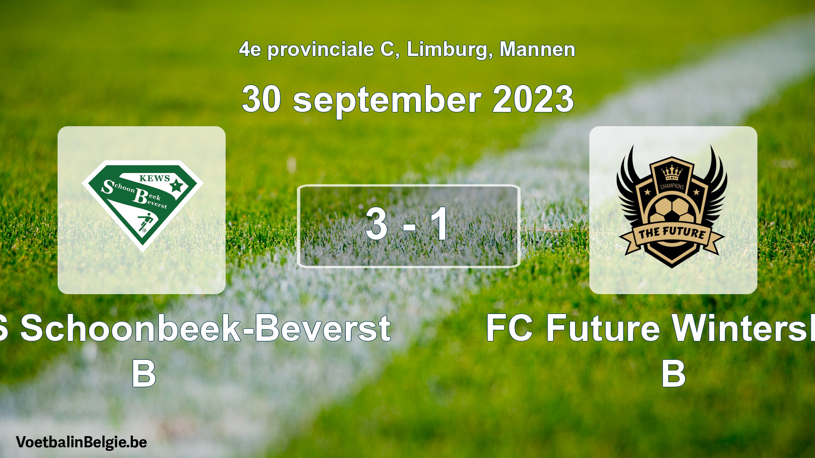 Gespeelde wedstrijd mannenvoetbal: KEWS Schoonbeek-Beverst B - FC Future Winterslag B 3 - 1 (30 september 2023)