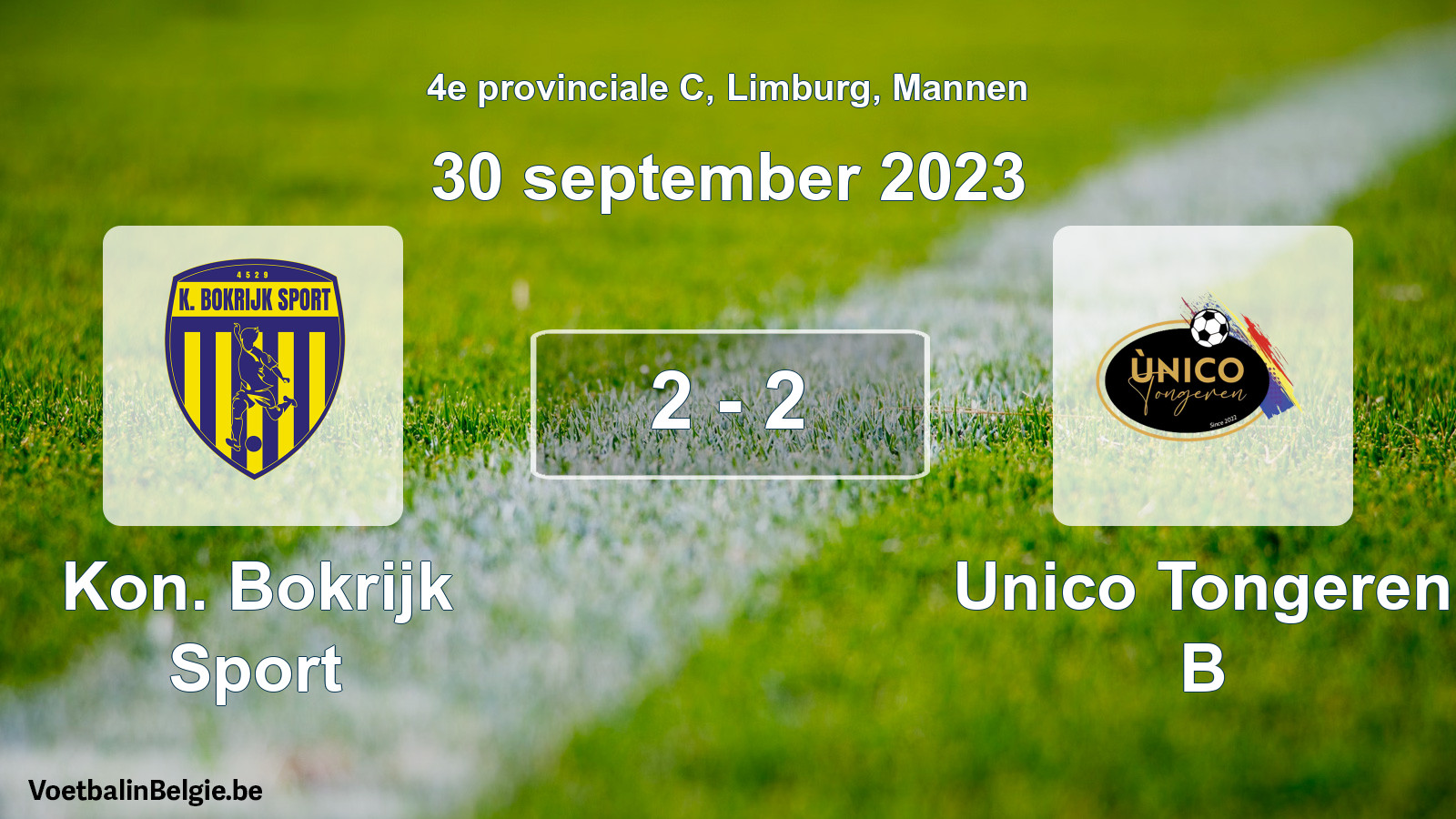 Gespeelde wedstrijd mannenvoetbal: Kon. Bokrijk Sport - Unico Tongeren B 2 - 2 (30 september 2023)