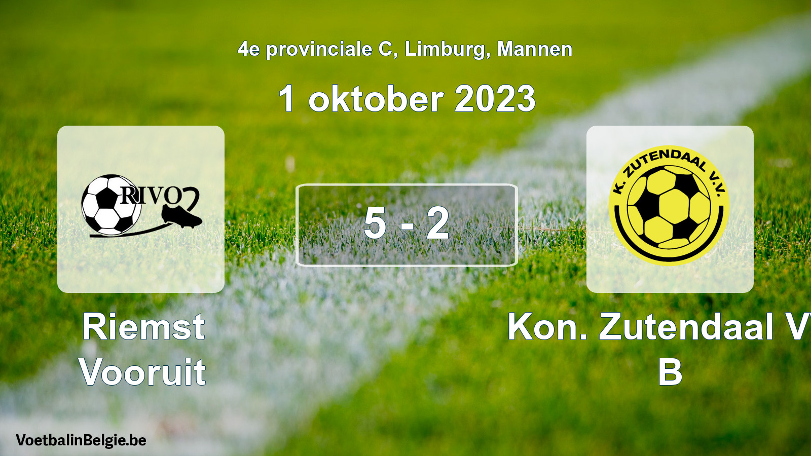 Gespeelde wedstrijd mannenvoetbal: Riemst Vooruit - Kon. Zutendaal VV B 5 - 2 (1 oktober 2023)