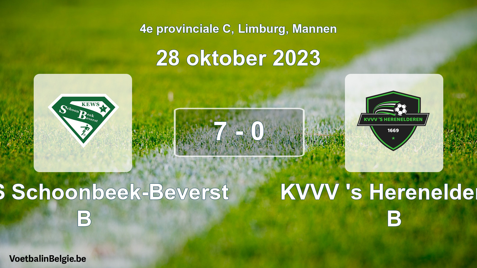 Gespeelde wedstrijd mannenvoetbal: KEWS Schoonbeek-Beverst B - KVVV 's Herenelderen B 7 - 0 (28 oktober 2023)