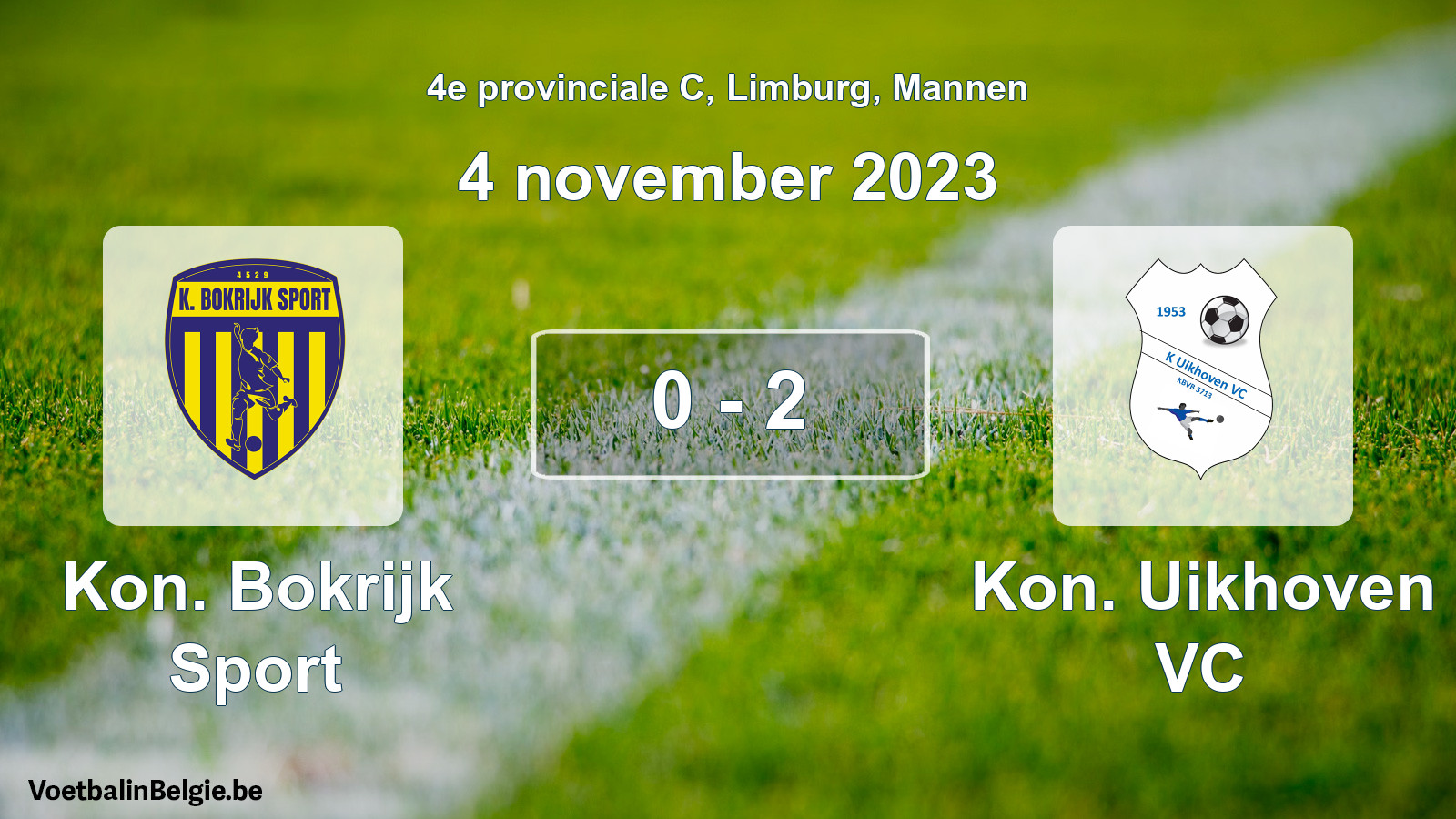 Gespeelde wedstrijd mannenvoetbal: Kon. Bokrijk Sport - Kon. Uikhoven VC 0 - 2 (4 november 2023)