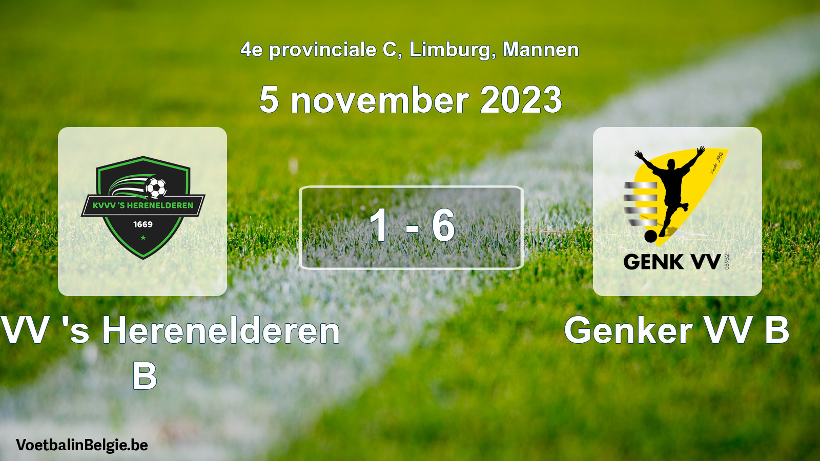 Gespeelde wedstrijd mannenvoetbal: KVVV 's Herenelderen B - Genker VV B 1 - 6 (5 november 2023)