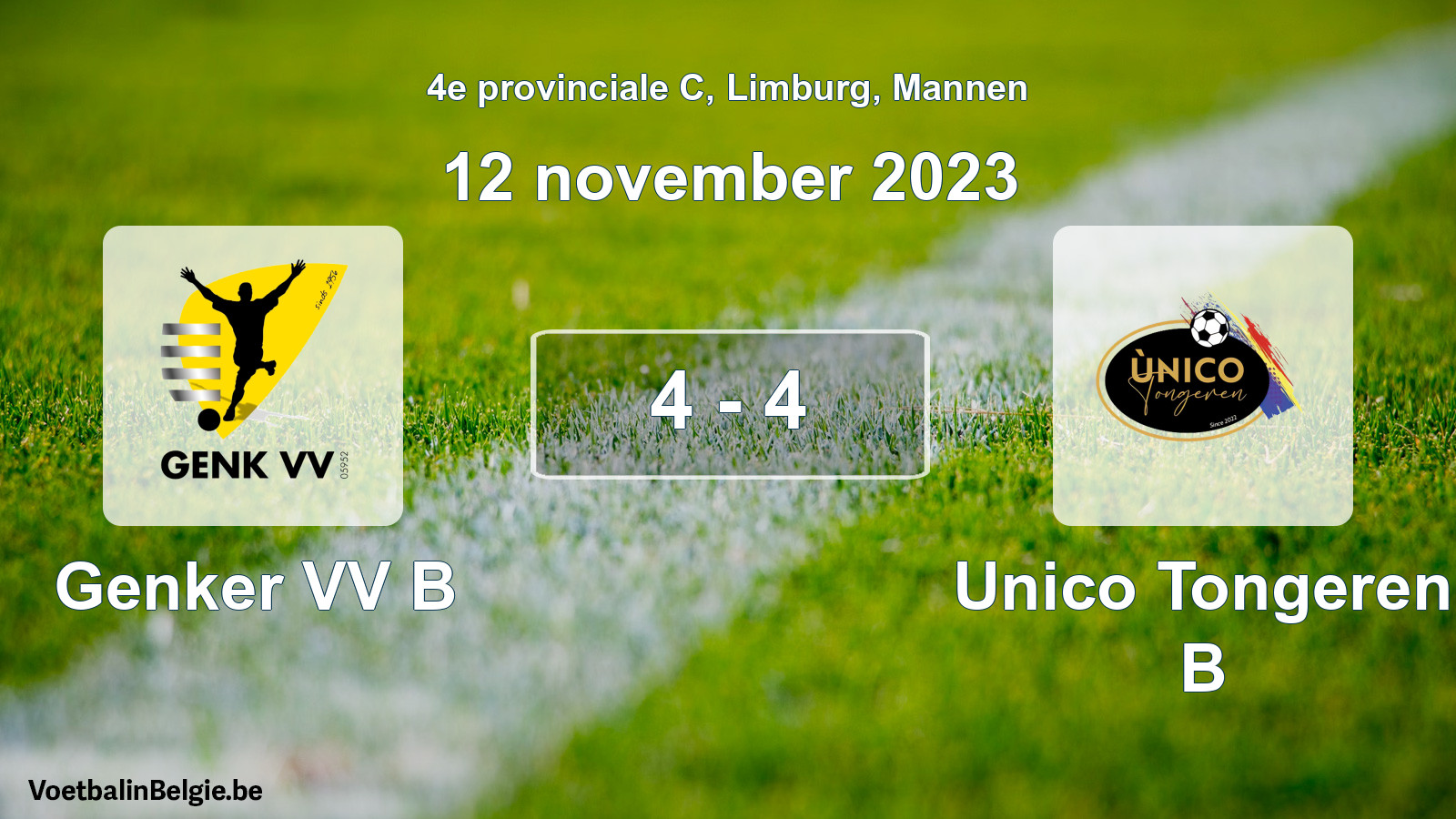 Gespeelde wedstrijd mannenvoetbal: Genker VV B - Unico Tongeren B 4 - 4 (12 november 2023)