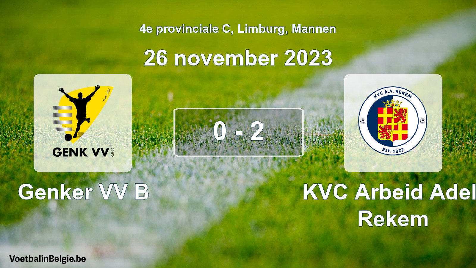 Gespeelde wedstrijd mannenvoetbal: Genker VV B - KVC Arbeid Adelt Rekem 0 - 2 (26 november 2023)
