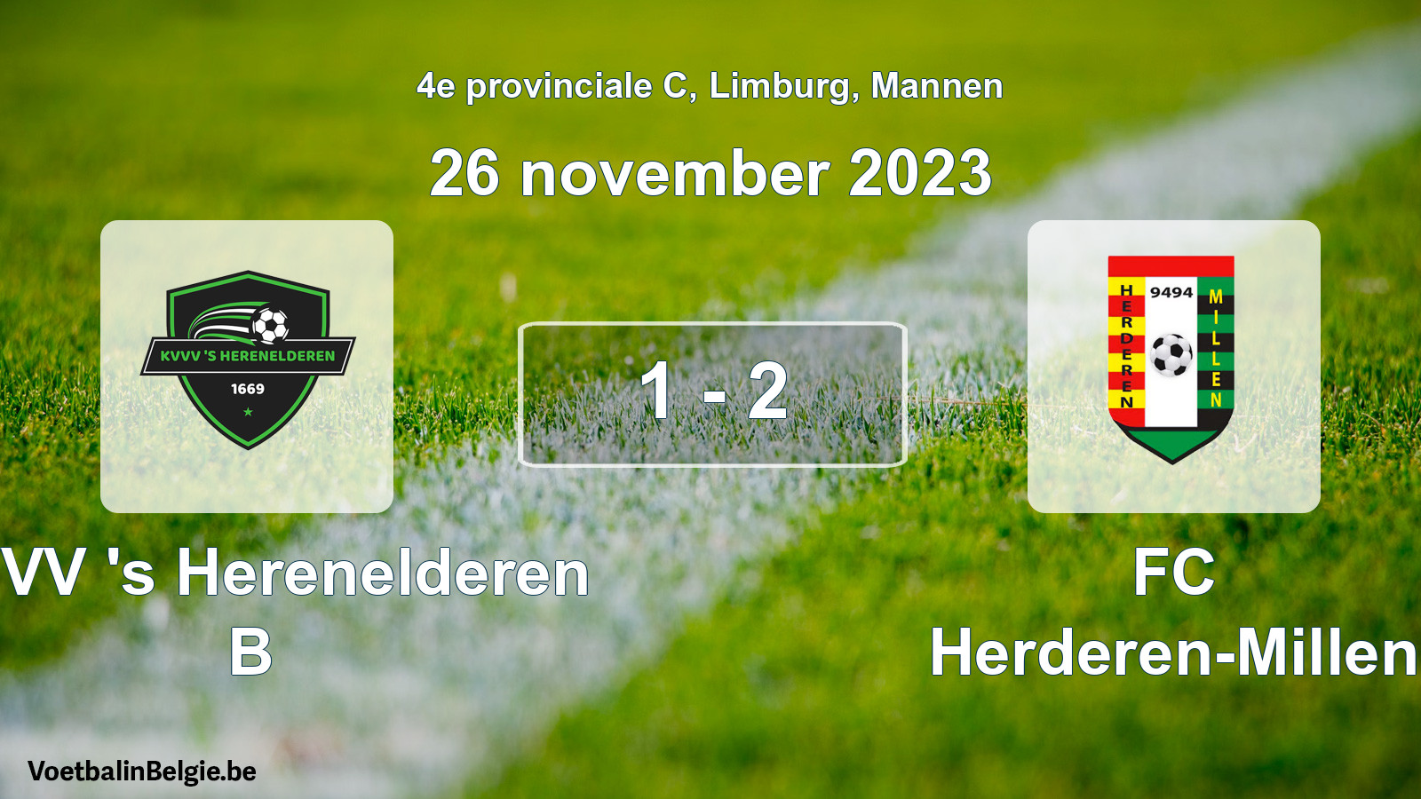 Gespeelde wedstrijd mannenvoetbal: KVVV 's Herenelderen B - FC Herderen-Millen 1 - 2 (26 november 2023)