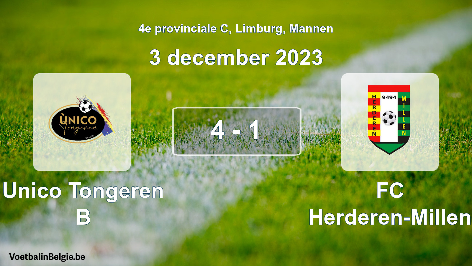 Gespeelde wedstrijd mannenvoetbal: Unico Tongeren B - FC Herderen-Millen 4 - 1 (3 december 2023)