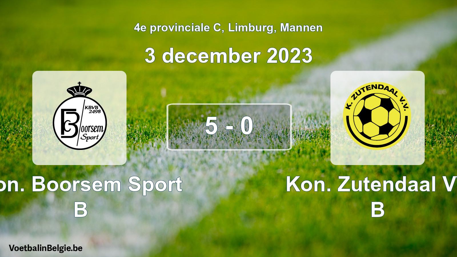 Gespeelde wedstrijd mannenvoetbal: Kon. Boorsem Sport B - Kon. Zutendaal VV B 5 - 0 (3 december 2023)