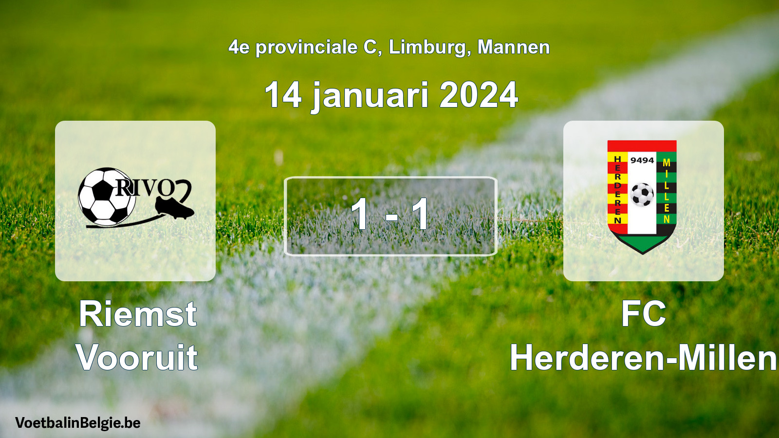Gespeelde wedstrijd mannenvoetbal: Riemst Vooruit - FC Herderen-Millen 1 - 1 (14 januari 2024)