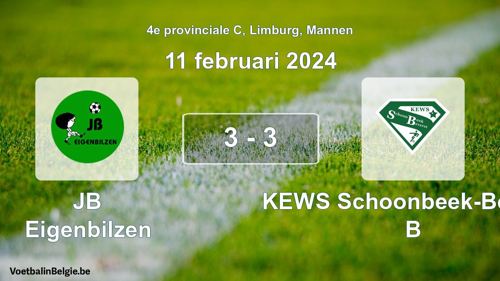Gespeelde wedstrijd mannenvoetbal: JB Eigenbilzen - KEWS Schoonbeek-Beverst B 3 - 3 (11 februari 2024)
