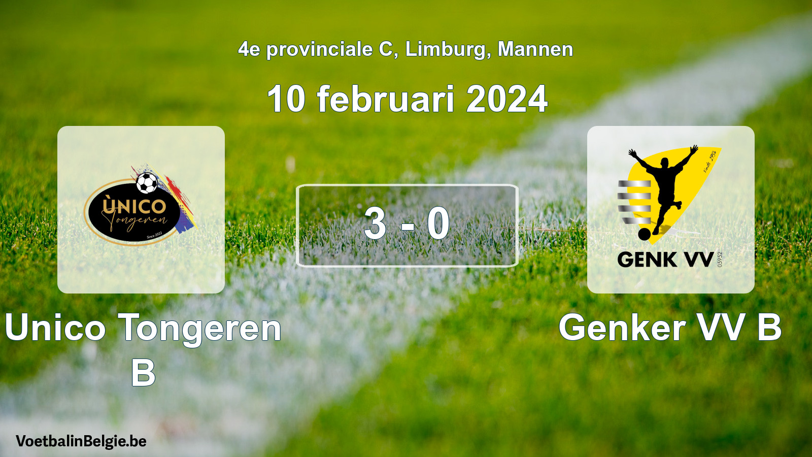 Gespeelde wedstrijd mannenvoetbal: Unico Tongeren B - Genker VV B 3 - 0 (10 februari 2024)