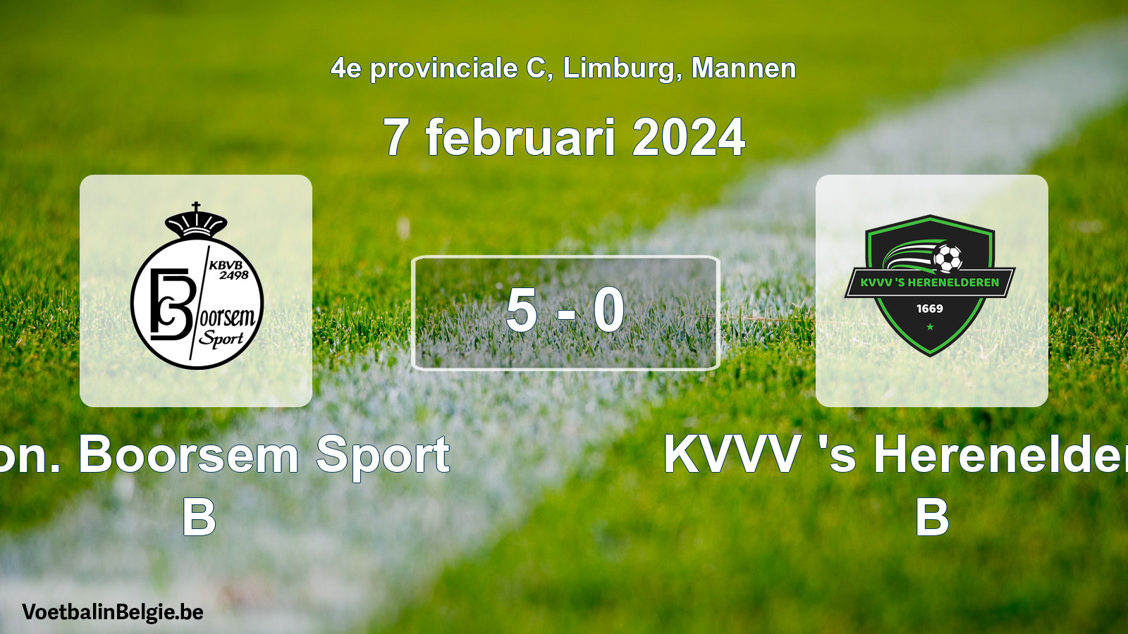 Gespeelde wedstrijd mannenvoetbal: Kon. Boorsem Sport B - KVVV 's Herenelderen B 5 - 0 (7 februari 2024)
