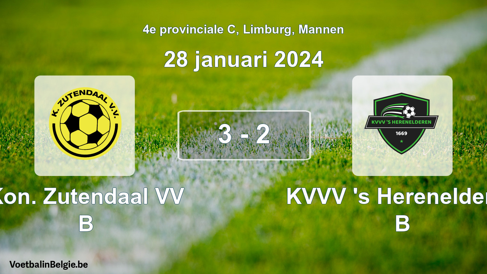 Gespeelde wedstrijd mannenvoetbal: Kon. Zutendaal VV B - KVVV 's Herenelderen B 3 - 2 (28 januari 2024)