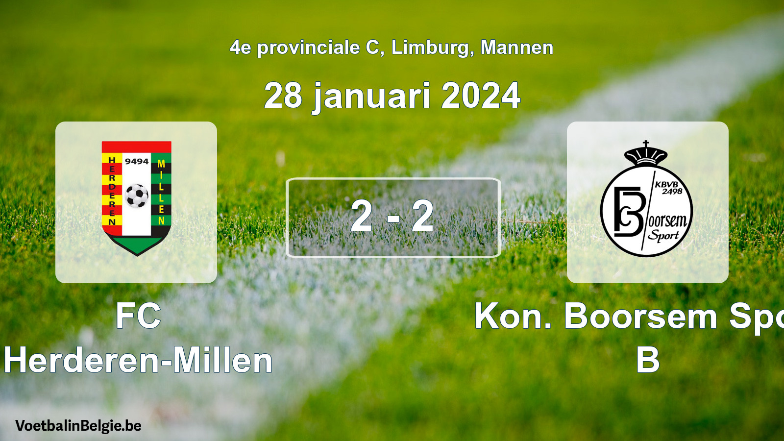 Gespeelde wedstrijd mannenvoetbal: FC Herderen-Millen - Kon. Boorsem Sport B 2 - 2 (28 januari 2024)