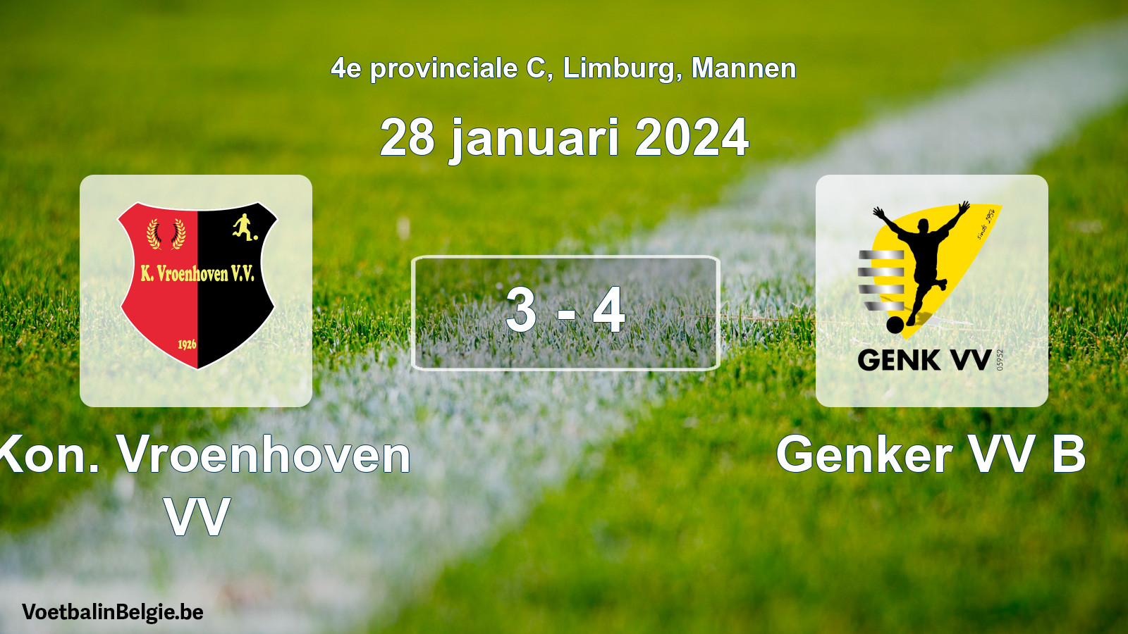Gespeelde wedstrijd mannenvoetbal: Kon. Vroenhoven VV - Genker VV B 3 - 4 (28 januari 2024)