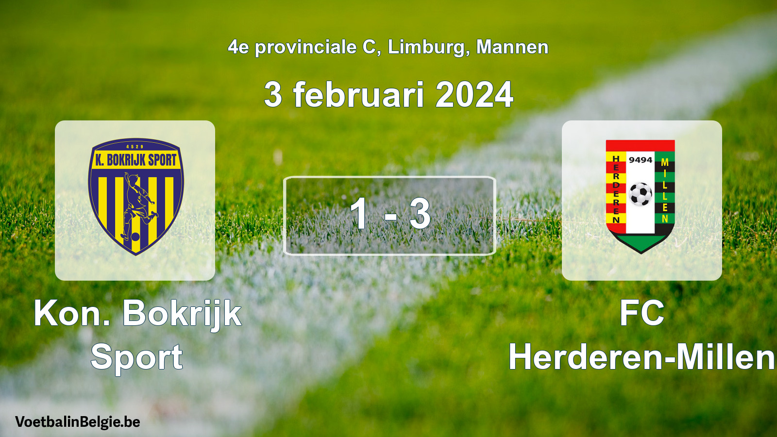 Gespeelde wedstrijd mannenvoetbal: Kon. Bokrijk Sport - FC Herderen-Millen 1 - 3 (3 februari 2024)