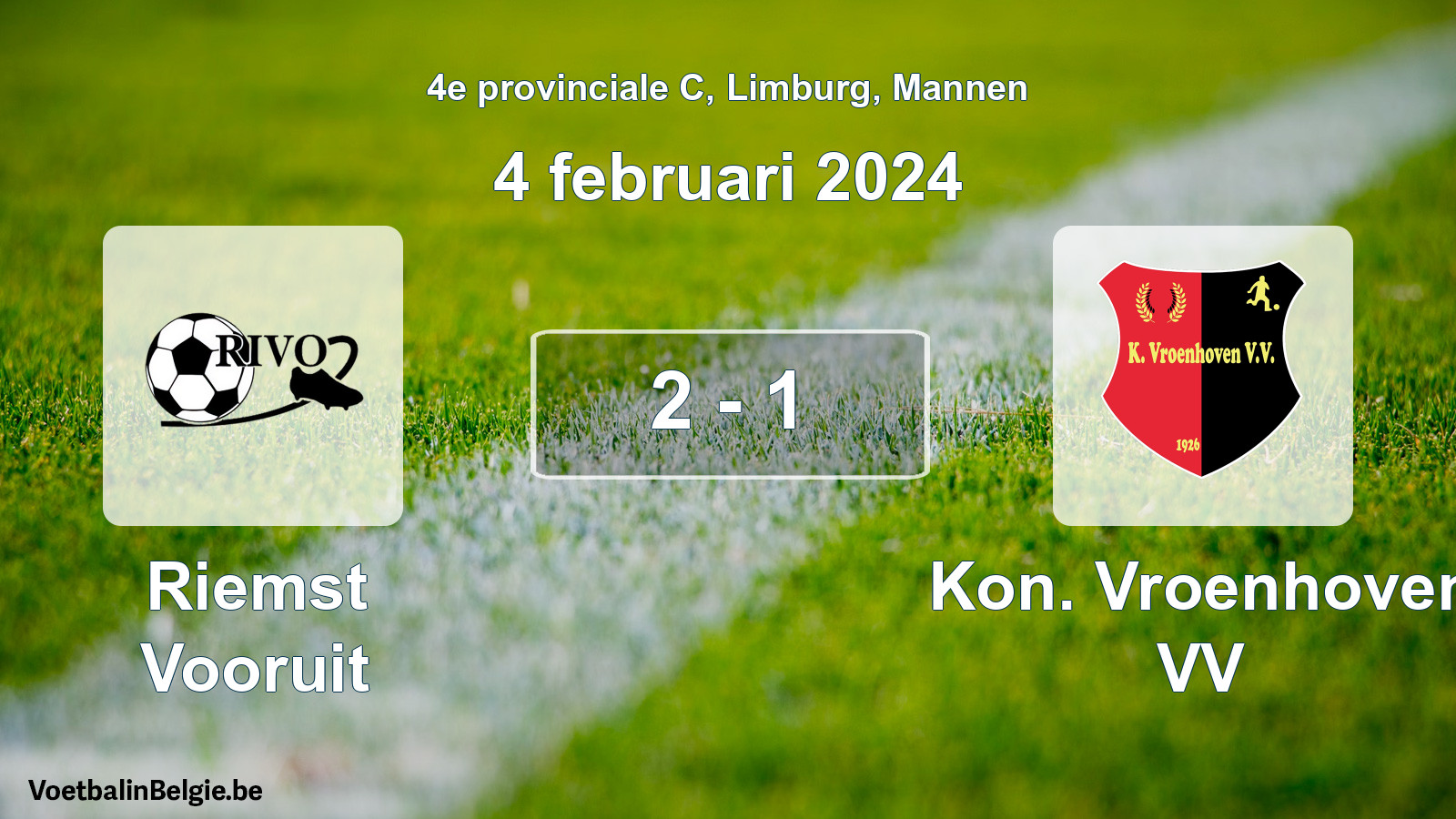Gespeelde wedstrijd mannenvoetbal: Riemst Vooruit - Kon. Vroenhoven VV 2 - 1 (4 februari 2024)