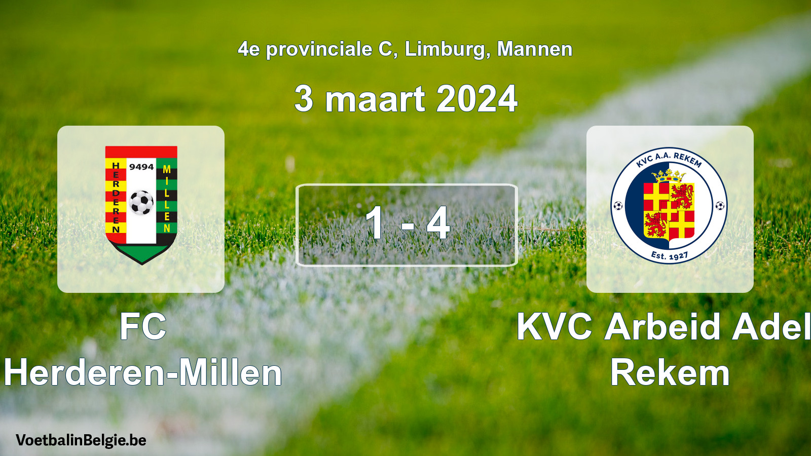 Gespeelde wedstrijd mannenvoetbal: FC Herderen-Millen - KVC Arbeid Adelt Rekem 1 - 4 (3 maart 2024)