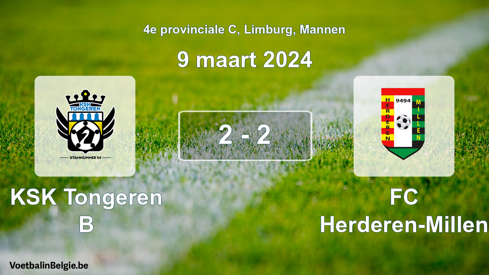 Gespeelde wedstrijd mannenvoetbal: KSK Tongeren B - FC Herderen-Millen 2 - 2 (9 maart 2024)